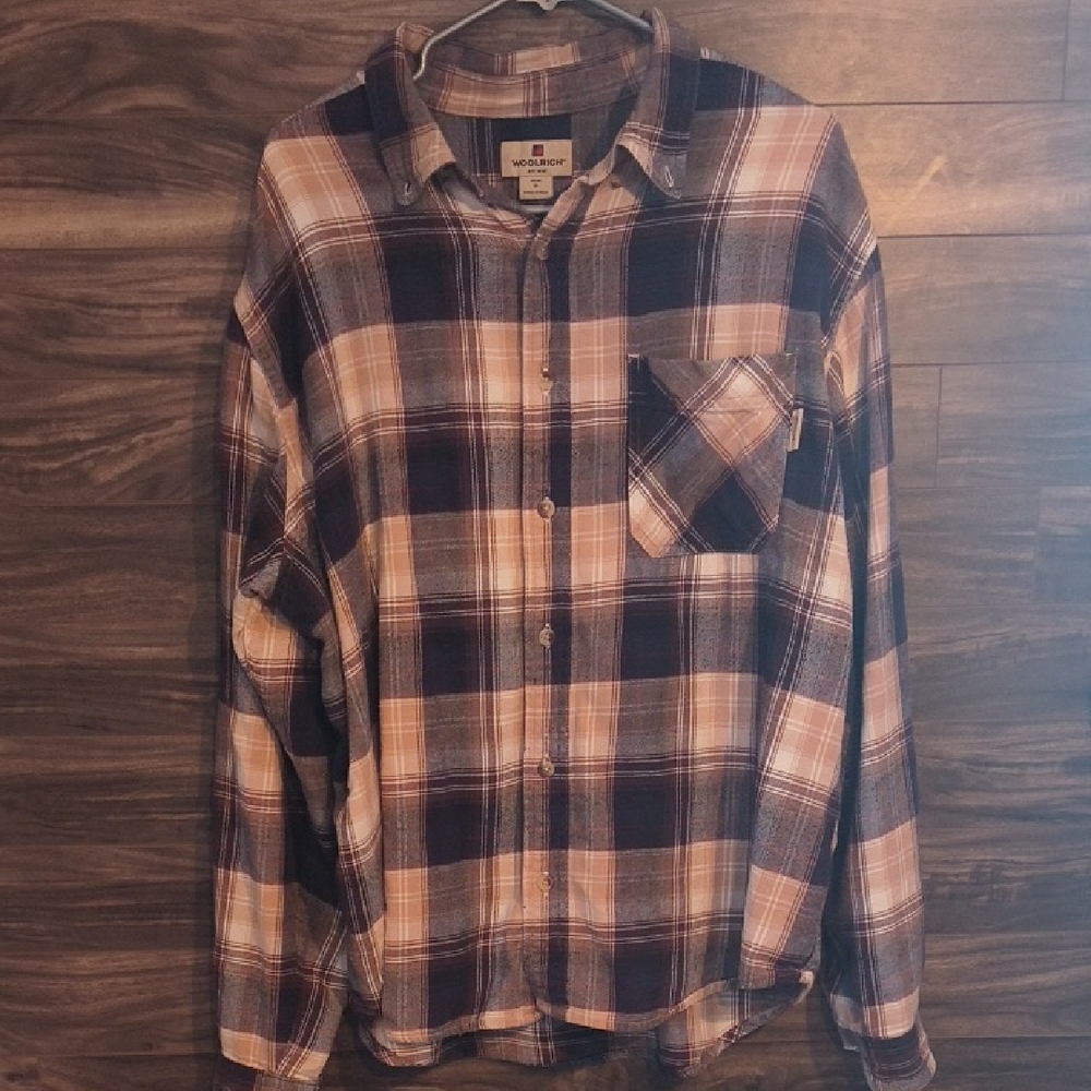 Woolrich Men’s XL Plaid Flannel Shirt 100% Cotton Brown Tan Blue